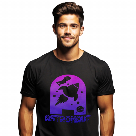 Cadouri Pentru Copii - Tricou Personalizat Barbati Pentru Iubitorii De Astronomie, Racheta astronaut, Text Nume Personalizat, Multicolor, Negru, 100% Bumbac, Marime M
