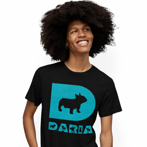 Cadouri Pentru Copii - Tricou Personalizat Barbati Pentru Iubitorii De Caine Pug, Animal Blanos, Text Nume Personalizat, Culoare Albastru, Negru, 100% Bumbac, Marime M