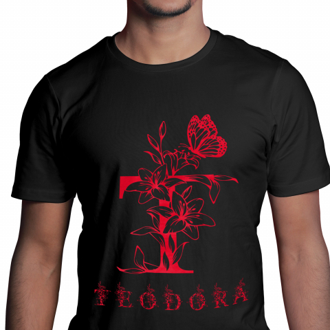 Cadouri Pentru Copii - Tricou Personalizat Barbati Pentru Iubitorii De Flori, Fluture, Natura, Text Nume Personalizat, Dragoste, Culoare Rosu, Negru, 100% Bumbac, Marime M