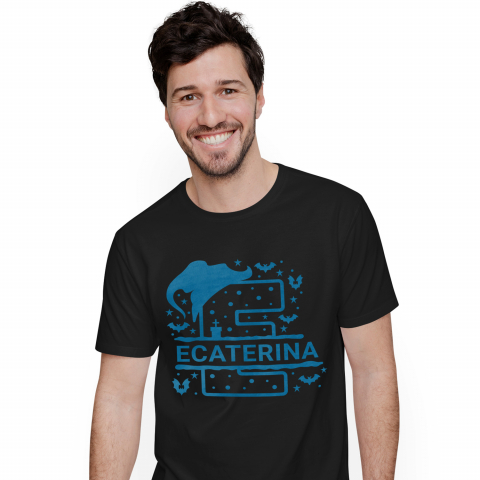 Tricouri Personalizate - Tricou Personalizat Barbati Pentru Iubitorii De Hallowen, Lilieci, Palarie Vrajitoare, Text Nume Personalizat, Copii, Culoare Albastru, Negru, 100% Bumbac, Marime L