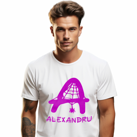 Cadouri Personalizate - Tricou Personalizat Barbati Pentru Iubitorii De Hallowen, Panza De Paianjen, Text Nume Personalizat, Copii, Culoare Mov, Alb, 100% Bumbac, Marime XS