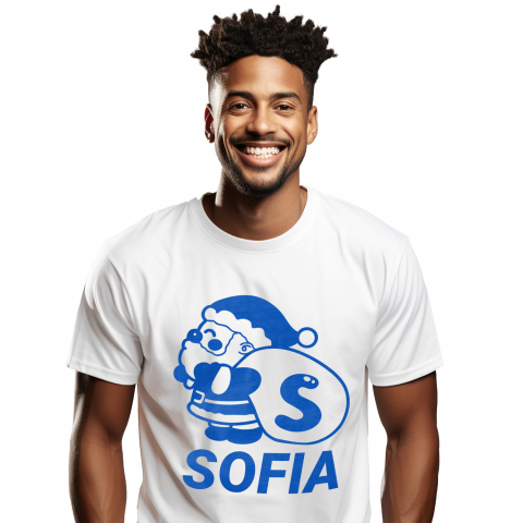 Cadouri Personalizate - Tricou Personalizat Barbati Pentru Iubitorii De Iarna, Mos Craciun Cu Sac, Text Nume Personalizat, Copii, Culoare Albastru, Alb, 100% Bumbac, Marime XS