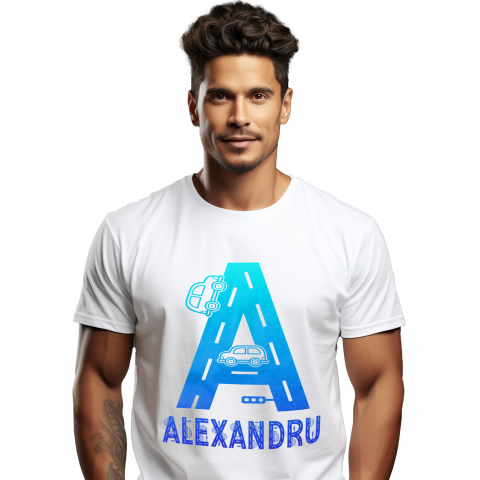 Cadouri Pentru Copii - Tricou Personalizat Barbati Pentru Iubitorii De Masini, Sofer, Text Nume Personalizat, Culoare Albastru Gradient, Alb, 100% Bumbac, Marime XS