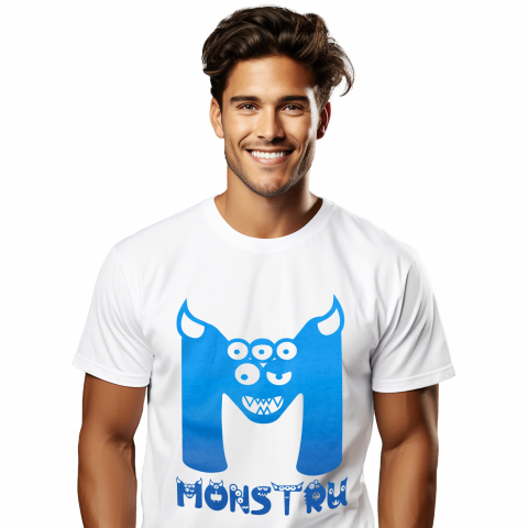 Cadouri Pentru Copii - Tricou Personalizat Barbati Pentru Iubitorii De Monstri, Chip Cu Multi Ochii, Text Nume Personalizat, Culoare Albastru, copii, Alb, 100% Bumbac, Marime XS