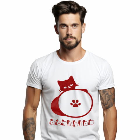 Cadouri Pentru Copii - Tricou Personalizat Barbati Pentru Iubitorii De Pisici, Animal Pufos, Text Nume Personalizat, Culoare Rosu, Alb, 100% Bumbac, Marime XS