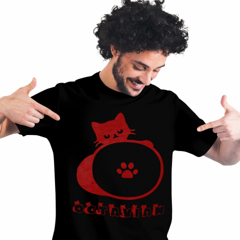 Cadouri Pentru Copii - Tricou Personalizat Barbati Pentru Iubitorii De Pisici, Animal Pufos, Text Nume Personalizat, Culoare Rosu, Negru, 100% Bumbac, Marime M