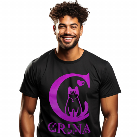 Cadouri Pentru Ea - Tricou Personalizat Barbati Pentru Iubitorii De Pisici, Labuta Animal, Text Personalizat, Culoare Roz Gradient,Copii, Negru, 100% Bumbac, Marime XL