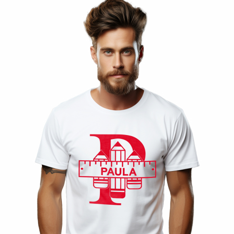 Cadouri Pentru Copii - Tricou Personalizat Barbati Pentru Iubitorii De Scoala, Creion, Text Nume Personalizat, Copii, Culoare Rosu, Alb, 100% Bumbac, Marime XS