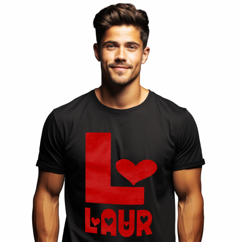 Cadouri Pentru Cupluri - Tricou Personalizat Barbati Pentru Iubitorii De Valentine's Day, Inimi, Text Nume Personalizat, Dragoste, Culoare Rosu, Negru, 100% Bumbac, Marime XS