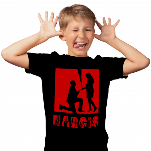 Cadouri Pentru Cupluri - Tricou Personalizat Copii Pentru Cerere casatorie, Activitatii Romantice, Text Nume Personalizat, Valentine's day, Culoare Rosu, Negru, 100% Bumbac, Marime 4 Ani