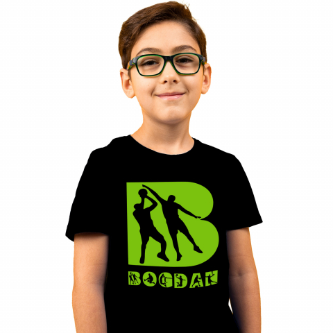 Cadouri Personalizate - Tricou Personalizat Copii Pentru Iubitorii De Bascketball, Minge, Siluete Sportivi, Text Nume Personalizat, Copii, Culoare Verde, Negru, 100% Bumbac, Marime 4 Ani