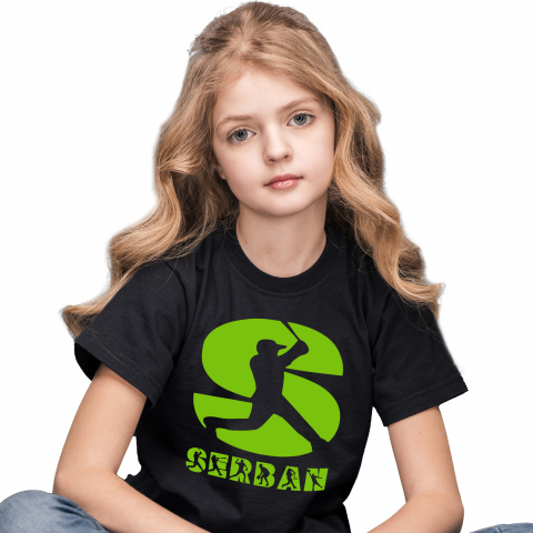 Cadouri Personalizate - Tricou Personalizat Copii Pentru Iubitorii De Baseball, Minge, Silueta Sportiv, Text Nume Personalizat, Copii, Culoare Verde, Negru, 100% Bumbac, Marime 4 Ani