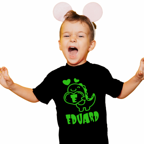 Cadouri Pentru Copii - Tricou Personalizat Copii Pentru Iubitorii De Dinozauri, Pancarda Inima Cifra, Text Personalizat, Culoare Verde, Negru, 100% Bumbac, Marime 12 Ani