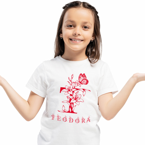 Cadouri Pentru Copii - Tricou Personalizat Copii Pentru Iubitorii De Flori, Fluture, Natura, Text Nume Personalizat, Dragoste, Culoare Rosu, Alb, 100% Bumbac, Marime 4 Ani
