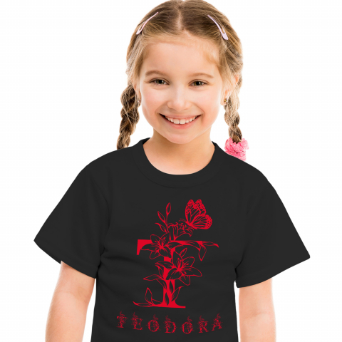 Cadouri Pentru Copii - Tricou Personalizat Copii Pentru Iubitorii De Flori, Fluture, Natura, Text Nume Personalizat, Dragoste, Culoare Rosu, Negru, 100% Bumbac, Marime 4 Ani