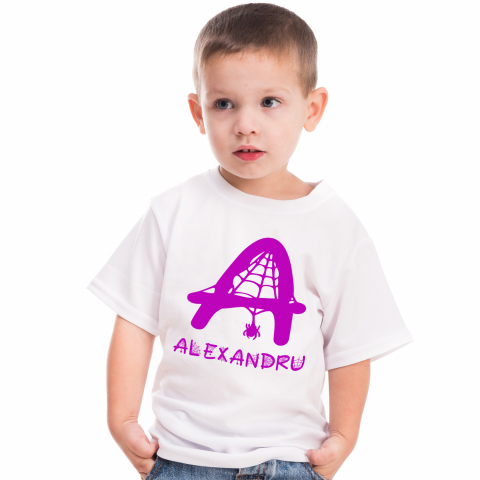 Tricouri Personalizate - Tricou Personalizat Copii Pentru Iubitorii De Hallowen, Panza De Paianjen, Text Nume Personalizat, Copii, Culoare Mov, Alb, 100% Bumbac, Marime 8 Ani