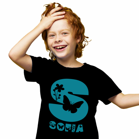 Cadouri Pentru Ea - Tricou Personalizat Copii Pentru Iubitorii De Natura, Flori, fluture, Text Nume Personalizat, copii, Culoare Albastru, Negru, 100% Bumbac, Marime 8 Ani