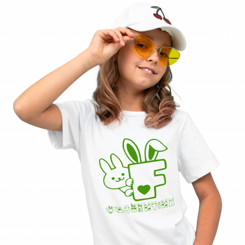 Cadouri Pentru Copii - Tricou Personalizat Copii Pentru Iubitorii De Paste, Iepure inima, Text Nume Personalizat, Culoare Verde, Alb, 100% Bumbac, Marime 4 Ani