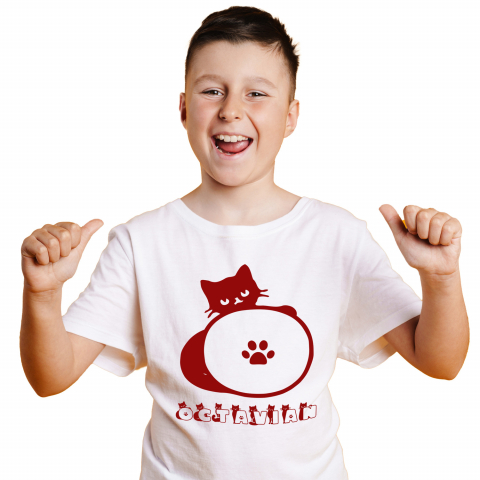 Cadouri Pentru Copii - Tricou Personalizat Copii Pentru Iubitorii De Pisici, Animal Pufos, Text Nume Personalizat, Culoare Rosu, Alb, 100% Bumbac, Marime 8 Ani