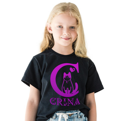 Cadouri Pentru Ea - Tricou Personalizat Copii Pentru Iubitorii De Pisici, Labuta Animal, Text Personalizat, Culoare Roz Gradient,Copii, Negru, 100% Bumbac, Marime 8 Ani