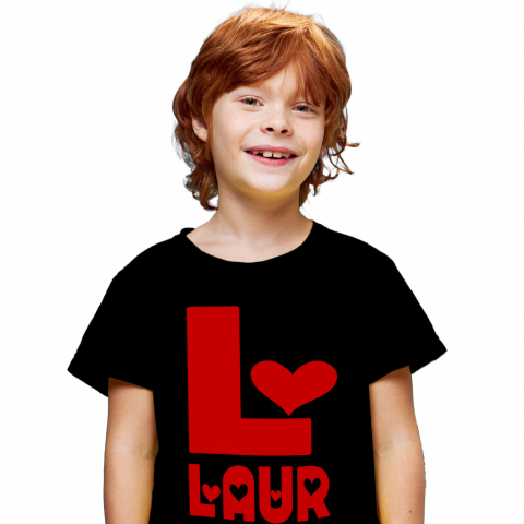 Cadouri Pentru Cupluri - Tricou Personalizat Copii Pentru Iubitorii De Valentine's Day, Inimi, Text Nume Personalizat, Dragoste, Culoare Rosu, Negru, 100% Bumbac, Marime 4 Ani