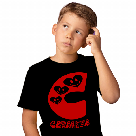 Cadouri Personalizate - Tricou Personalizat Copii Pentru Iubitorii De Valentine's Day, Inimi Zambitoare, Text Nume Personalizat, Copii, Culoare Rosu, Negru, 100% Bumbac, Marime 4 Ani