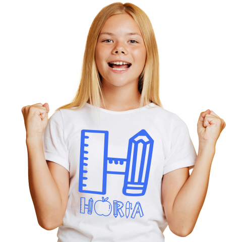 Cadouri Pentru Copii - Tricou Personalizat Copii Pentru Profesor Scoala, Creion, mar, Text Nume Personalizat, Copii, Culoare Albastru, Alb, 100% Bumbac, Marime 12 Ani