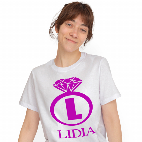 Cadouri Pentru Cupluri - Tricou Personalizat Femei Pentru Cerere casatorie, Inel Cu Diamant, Nunta, Text Nume Personalizat, Valentine's day, Culoare Mov, Alb, 100% Bumbac, Marime L