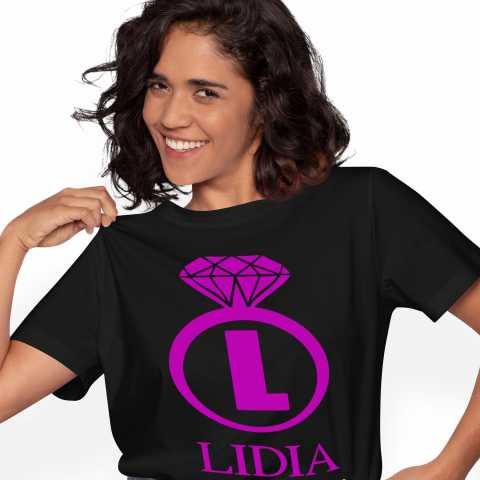 Cadouri Pentru Cupluri - Tricou Personalizat Femei Pentru Cerere casatorie, Inel Cu Diamant, Nunta, Text Nume Personalizat, Valentine's day, Culoare Mov, Negru, 100% Bumbac, Marime XS