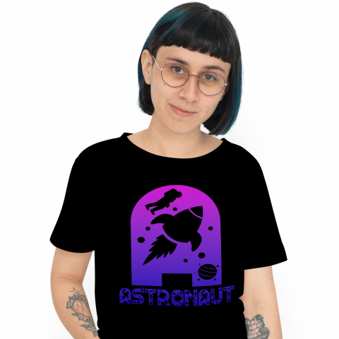 Cadouri Pentru Copii - Tricou Personalizat Femei Pentru Iubitorii De Astronomie, Racheta astronaut, Text Nume Personalizat, Multicolor, Negru, 100% Bumbac, Marime XS