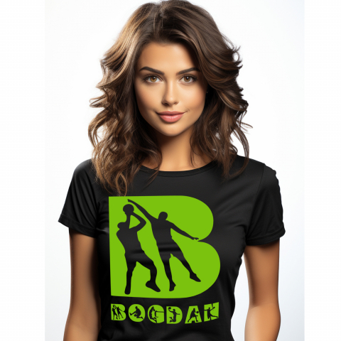 Cadouri Personalizate - Tricou Personalizat Femei Pentru Iubitorii De Bascketball, Minge, Siluete Sportivi, Text Nume Personalizat, Copii, Culoare Verde, Negru, 100% Bumbac, Marime XS