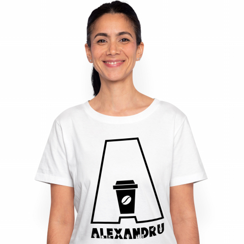 Tricouri - Tricou Personalizat Femei Pentru Iubitorii De cafea, Energie Boabe, Text Nume Personalizat, Culoare Negru, Alb, 100% Bumbac, Marime XS