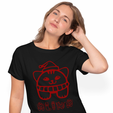 Tricouri - Tricou Personalizat Femei Pentru Iubitorii De Craciun, Caine Cu Fular Si Caciula, Text Nume Personalizat, Culoare Rosu, Negru, 100% Bumbac, Marime XS