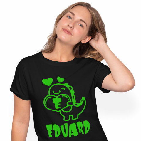 Cadouri Pentru Copii - Tricou Personalizat Femei Pentru Iubitorii De Dinozauri, Pancarda Inima Cifra, Text Personalizat, Culoare Verde, Negru, 100% Bumbac, Marime XS
