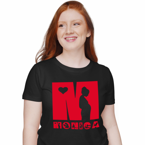 Cadouri Pentru Ea - Tricou Personalizat Femei Pentru Iubitorii De Familie, Femeie insarcinata, Text Nume Personalizat, copii, Culoare Rosu, Negru, 100% Bumbac, Marime XL