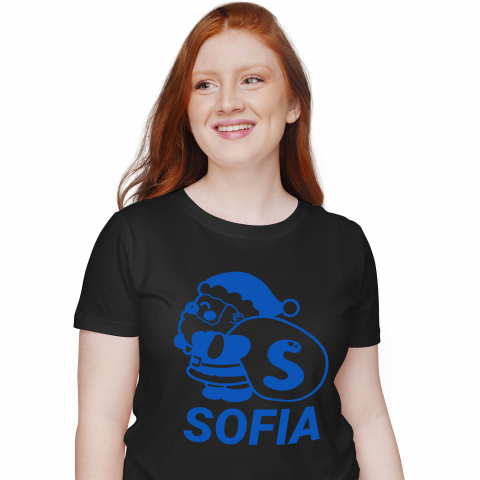 Tricouri - Tricou Personalizat Femei Pentru Iubitorii De Iarna, Mos Craciun Cu Sac, Text Nume Personalizat, Copii, Culoare Albastru, Negru, 100% Bumbac, Marime XS