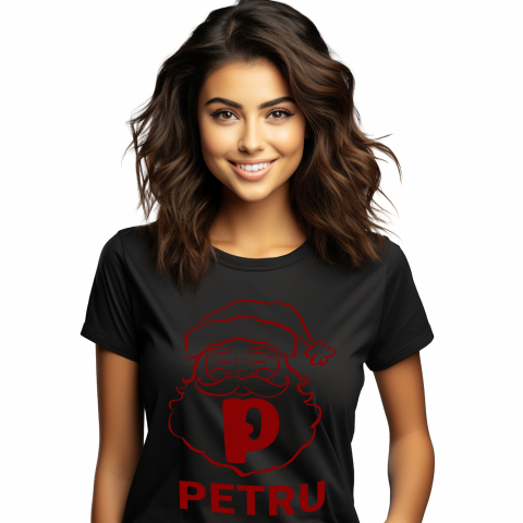 Tricouri - Tricou Personalizat Femei Pentru Iubitorii De Mos Craciun, Portret, Text Nume Personalizat, Copii, Culoare Rosu, Negru, 100% Bumbac, Marime XS