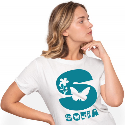 Cadouri Pentru Ea - Tricou Personalizat Femei Pentru Iubitorii De Natura, Flori, fluture, Text Nume Personalizat, copii, Culoare Albastru, Alb, 100% Bumbac, Marime M