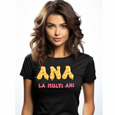 Tricouri - Tricou Personalizat Femei Pentru Iubitorii De Petreceri, Baloane Coloratre, Unicorn, Text Nume Personalizat, copii, Culoare Galben Roz, Negru, 100% Bumbac, Marime XS