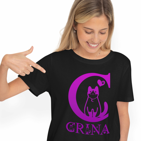 Cadouri Personalizate - Tricou Personalizat Femei Pentru Iubitorii De Pisici, Labuta Animal, Text Personalizat, Culoare Roz Gradient,Copii, Negru, 100% Bumbac, Marime XS