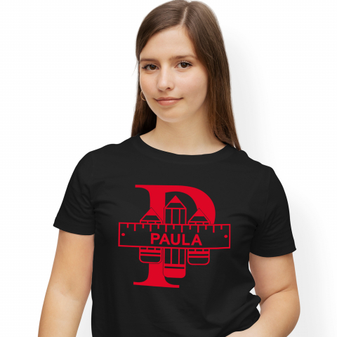 Cadouri Personalizate - Tricou Personalizat Femei Pentru Iubitorii De Scoala, Creion, Text Nume Personalizat, Copii, Culoare Rosu, Negru, 100% Bumbac, Marime XS