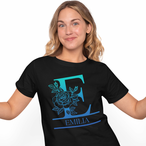 Tricouri - Tricou Personalizat Femei Pentru Iubitorii De Trandafiri, Fluture Natura, Text Nume Personalizat, Dragoste, Culoare Albastru, Negru, 100% Bumbac, Marime XS