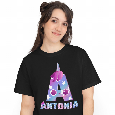 Tricouri Personalizate - Tricou Personalizat Femei Pentru Iubitorii De unicorni, Corn Roz, Text Nume Personalizat, Culoare Multicolor Cu Stele copii, Negru, 100% Bumbac, Marime L
