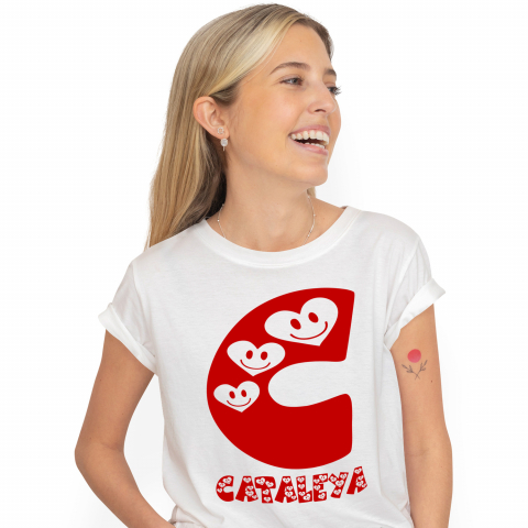 Tricouri Personalizate - Tricou Personalizat Femei Pentru Iubitorii De Valentine's Day, Inimi Zambitoare, Text Nume Personalizat, Copii, Culoare Rosu, Alb, 100% Bumbac, Marime M