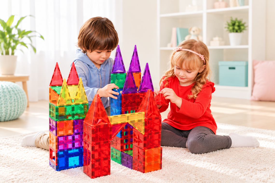 Copii construind un castel din plăci magnetice colorate