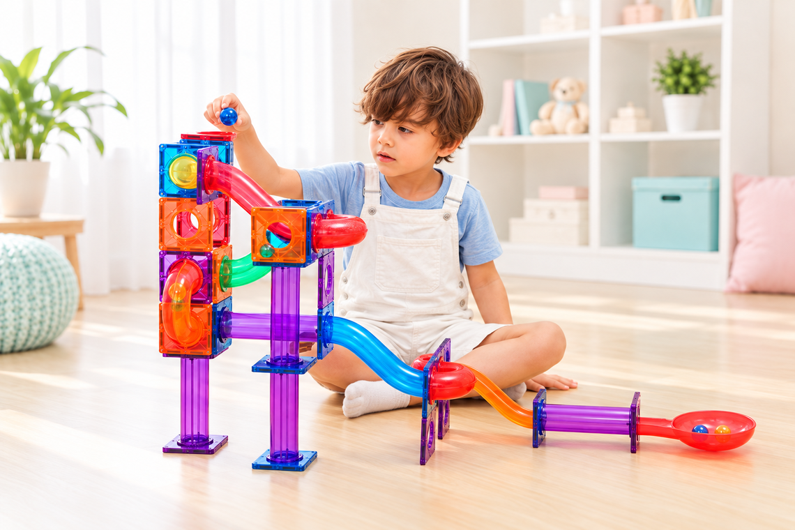 Copil jucându-se cu un traseu magnetic Marble Run