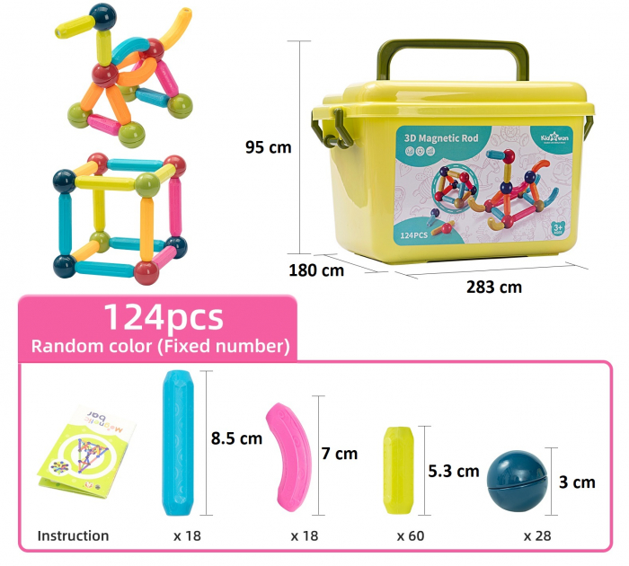 Set-Construcție-124-Piese-Tije-Tuburi-Magnetice-Bile-Joc-Educativ-Creativ-Copii [2]