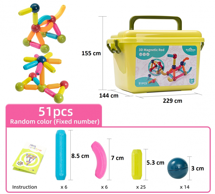 Set de construcție magnetic cu tije și bile, 51 de piese [2]