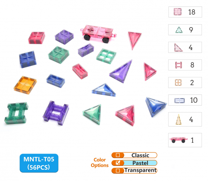 Set de Constructie Magnetic MNTL - 56 Piese Pastel, Magnetic Tiles - Stoys.ro [5]