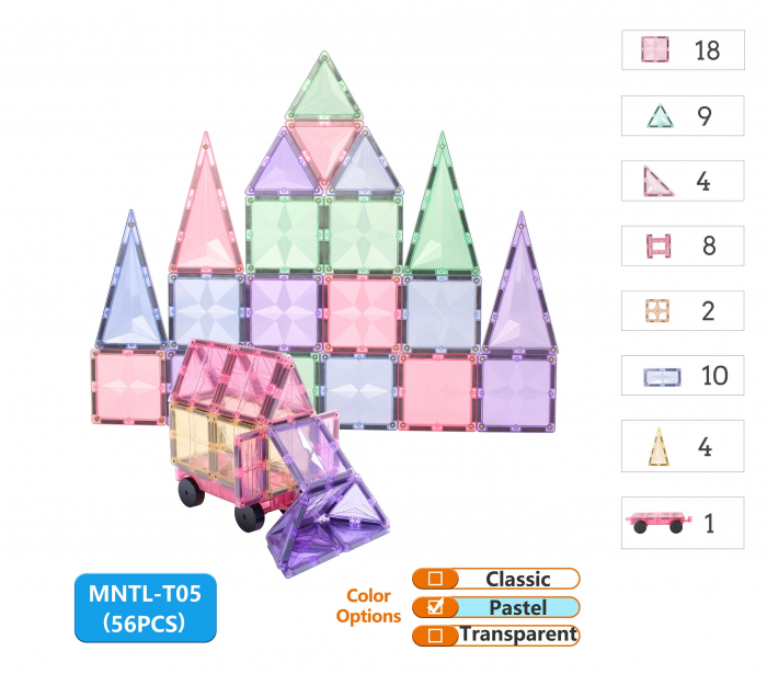 Set de Constructie Magnetic MNTL - 56 Piese Pastel, Magnetic Tiles - Stoys.ro [3]